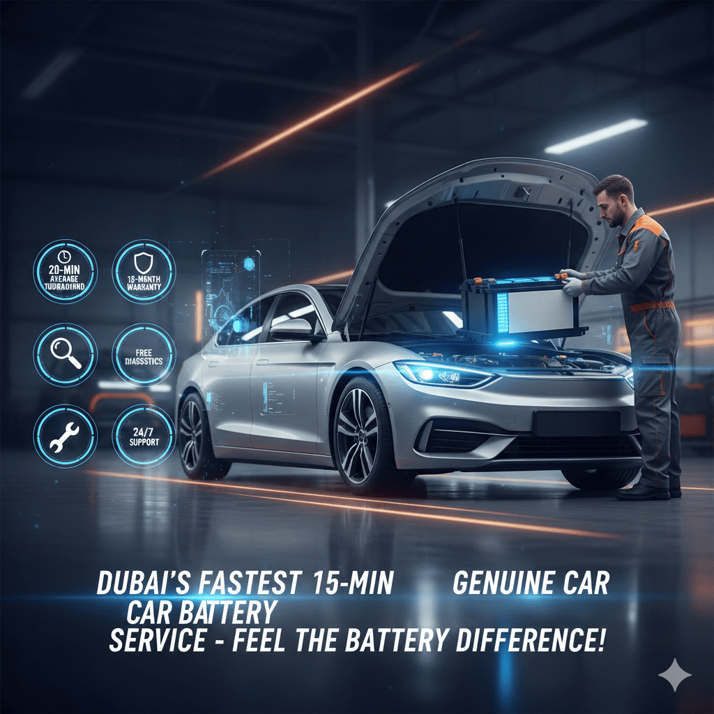 High-resolution 8K image of a modern car with a glowing new battery, technician installing it, featuring clear, shiny icons for 20-min turnaround, 18-month warranty, free diagnostics, free installation, and 24/7 support.