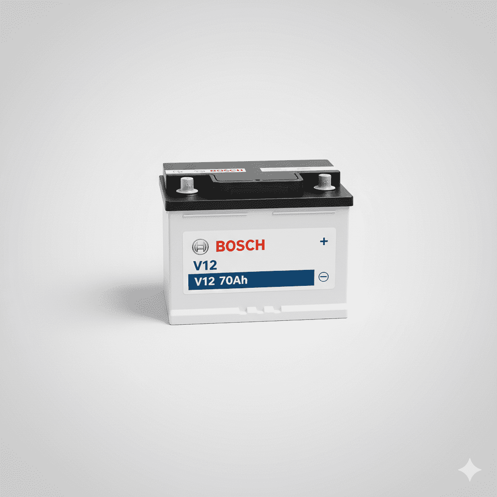 “Bosch V12 70Ah car battery front and top view – high-performance automotive battery for cars and vehicles.”
