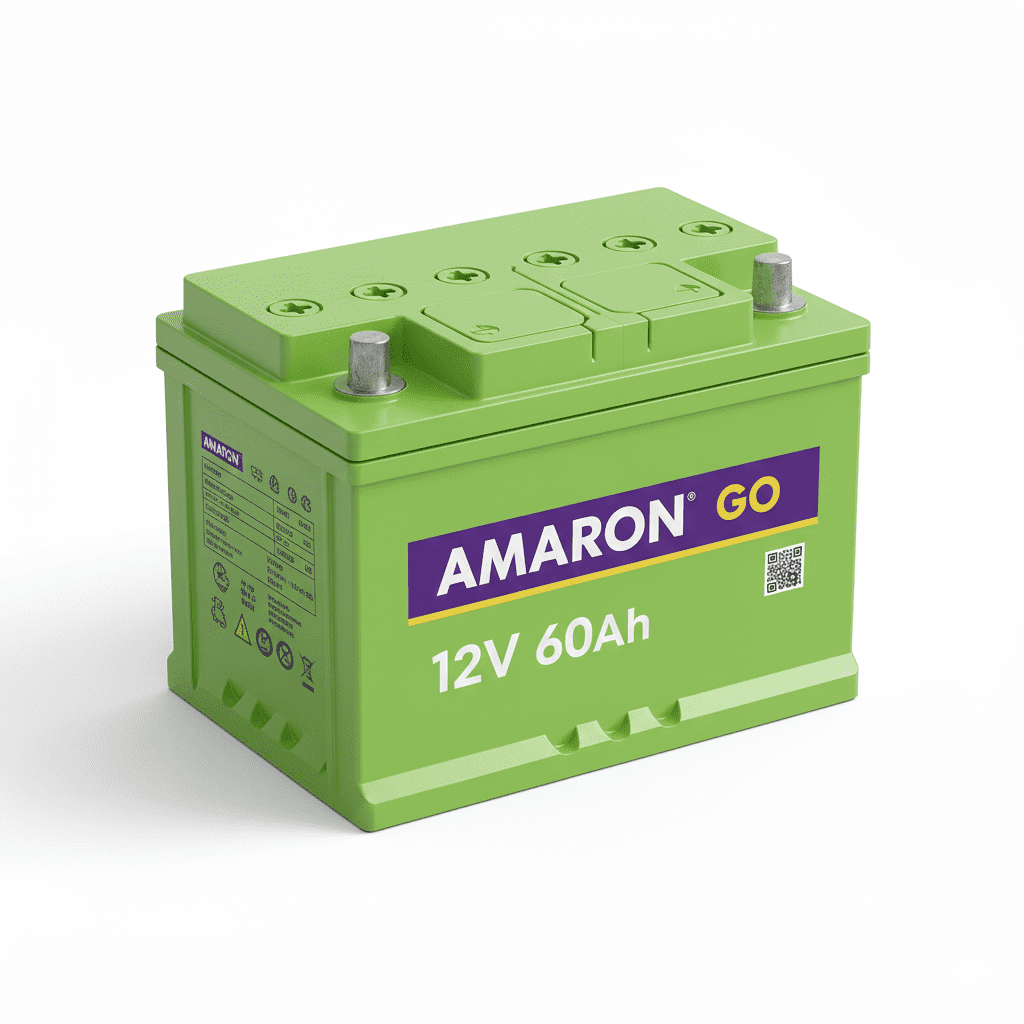 “Amaron Battery 12V 60Ah green automotive battery with clear specification labels.”