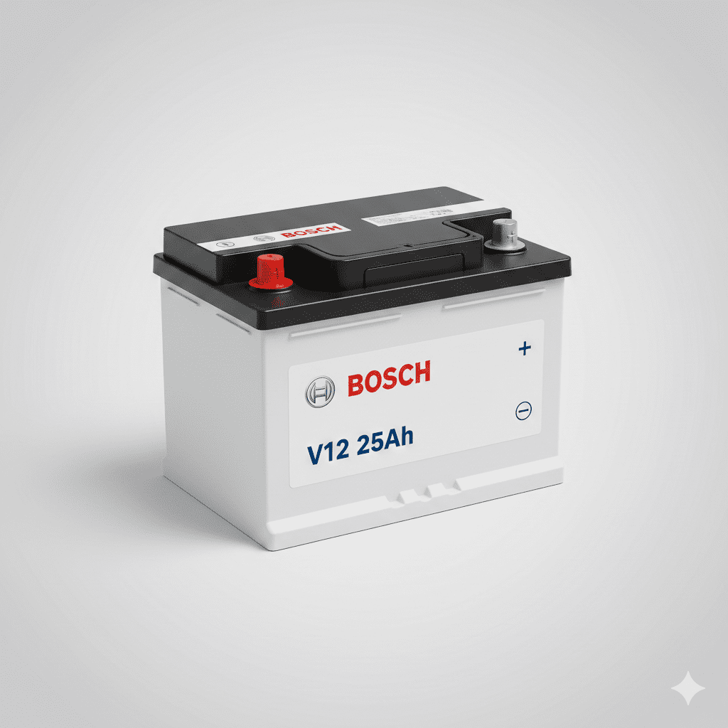“Bosch V12 25Ah car battery – high-resolution product image showing design, terminals, and branding.”