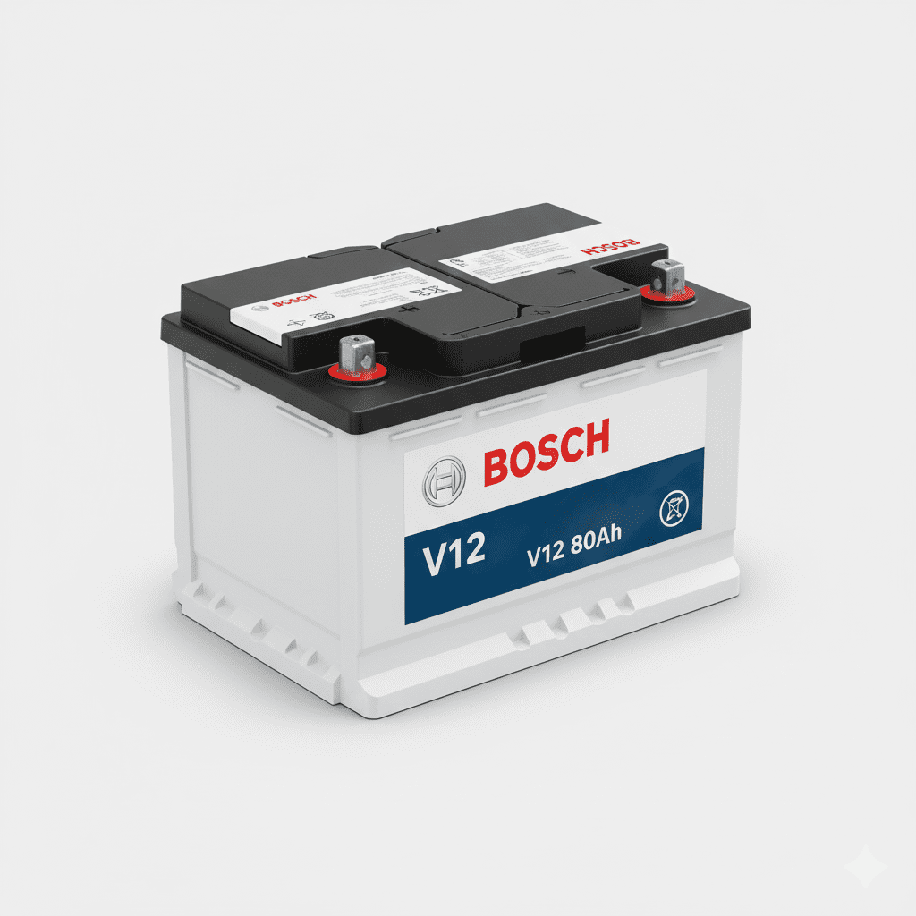 “Bosch V12 80Ah car battery front and top view – high-performance automotive battery for cars and vehicles.”