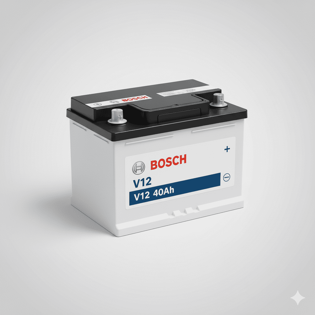 “Bosch V12 40Ah car battery front and top view – high-performance automotive battery for cars and vehicles.”