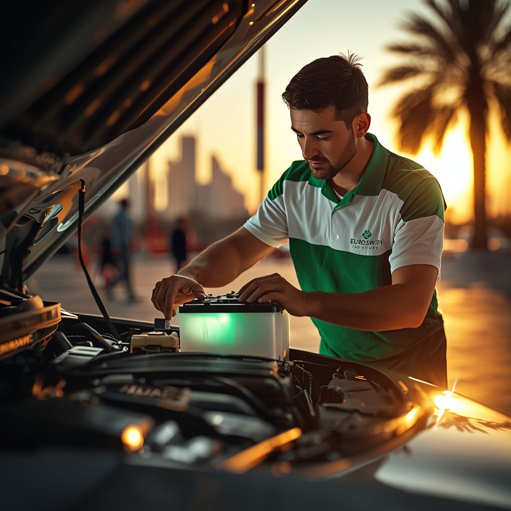 mobile technician changing car battery roadside in Dubai