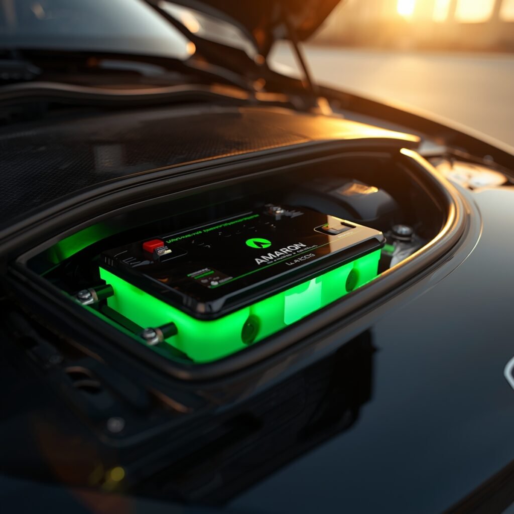 Shiny Amaron car battery glowing in Dubai luxury car engine – EuroSwift Auto Services