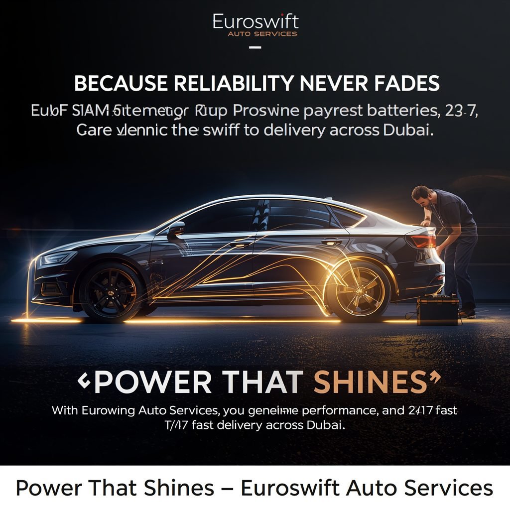 Glowing Amaron battery installed by EuroSwift Auto Services in Dubai, symbolizing reliable and fast car battery replacement service
