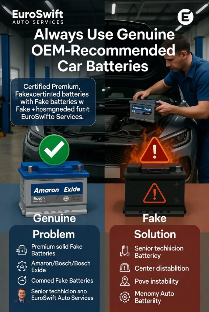 Infographic showing importance of using genuine OEM car batteries in Dubai, comparing fake and authentic batteries with technician installation.