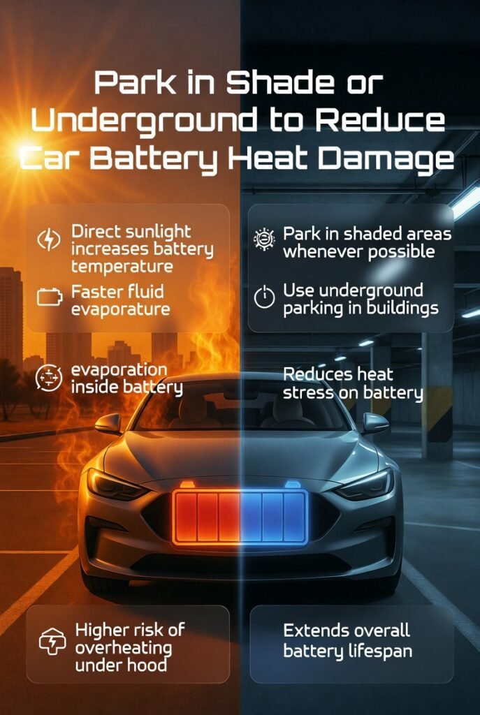 Infographic comparing parking a car in direct sunlight versus shaded underground parking in Dubai, showing impact on car battery heat and protection benefits.