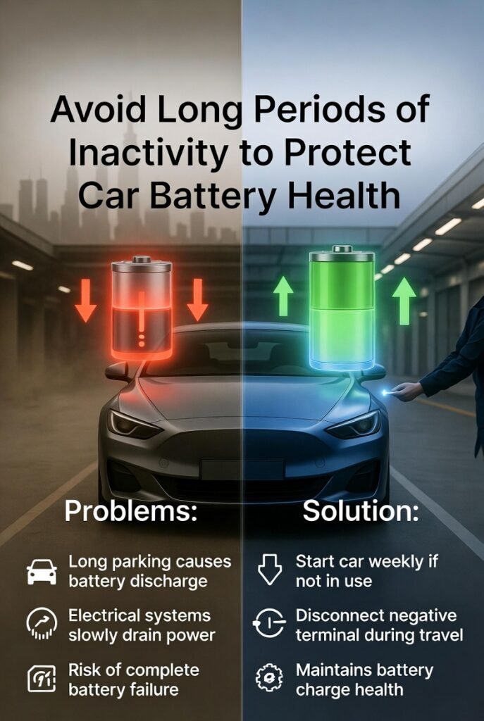 Infographic showing how long car inactivity causes battery drain in Dubai and how weekly engine start or disconnecting negative terminal helps prevent deep discharge.