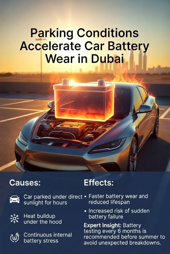 Infographic showing how parking a car under Dubai sun accelerates car battery wear, with heat buildup effects and expert advice on regular battery testing.