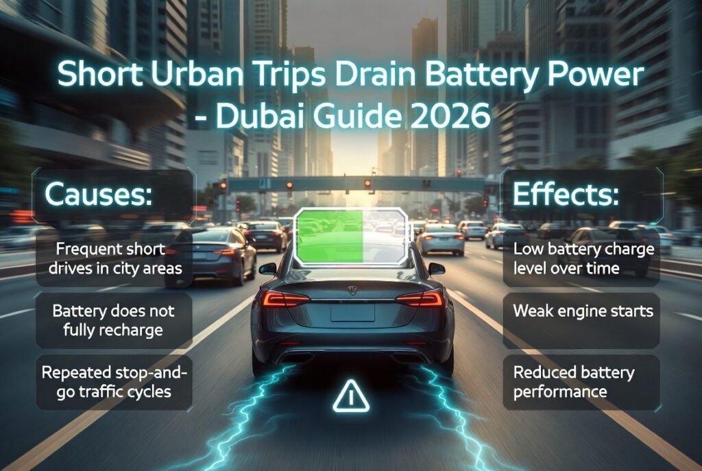 A cinematic Dubai urban driving scene showing a luxury car in short trips with futuristic panels explaining how frequent short journeys reduce car battery charge over time.