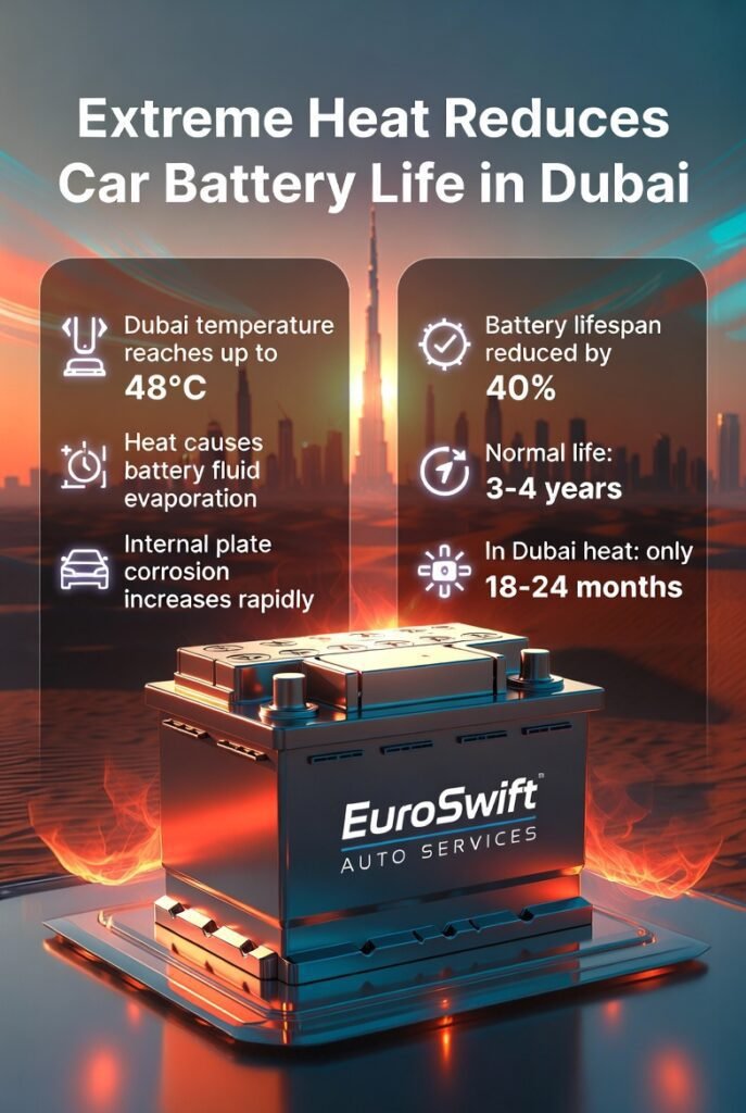 Infographic showing extreme heat in Dubai reducing car battery life, highlighting temperature effects, lifespan drop, and battery damage factors with a central car battery illustration.