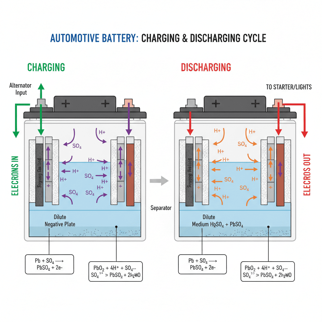 Shows how the alternator delivers current to recharge the battery while driving. “Car alternator charging cycle diagram”