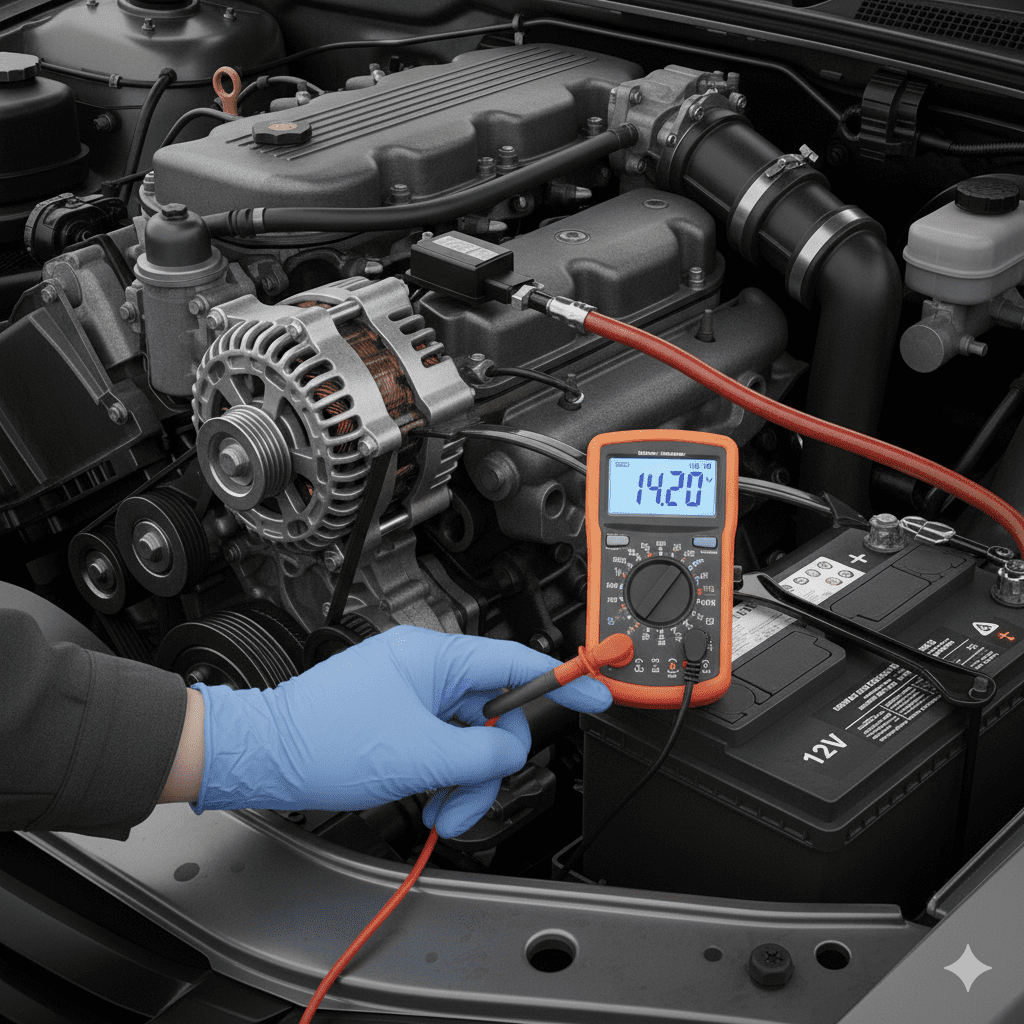 Alternator Voltage Testing Technician testing alternator voltage with a multimeter.
