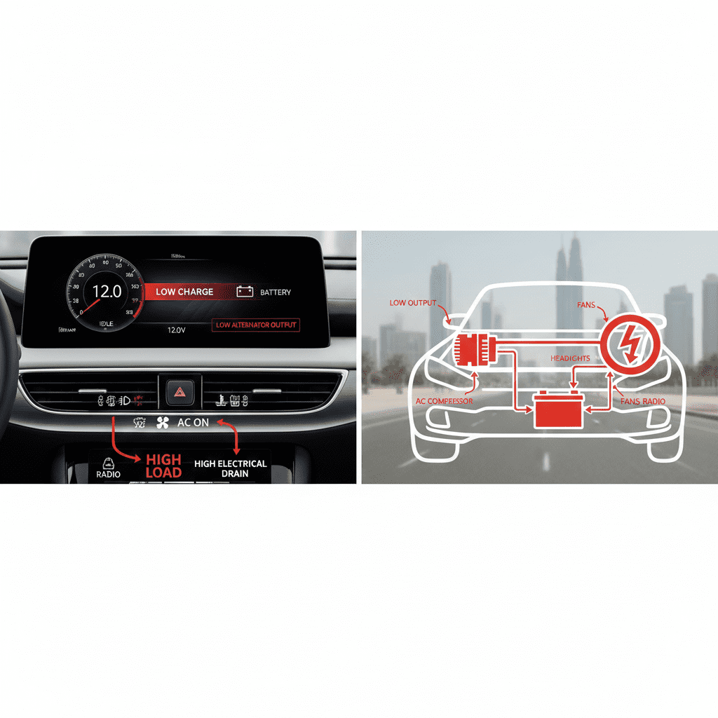 Low alternator output makes the battery discharge even when the engine is running. Alternator producing low charging power during idle in Dubai traffic