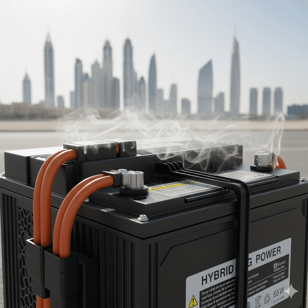 High-voltage hybrid battery pack exposed for inspection with heat graphics overlay.