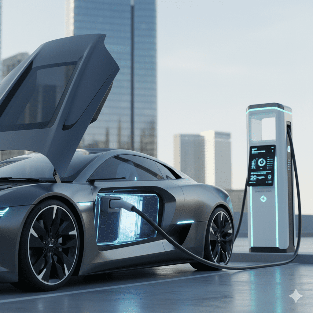 Battery showing graphene layers enabling ultra-fast charging. Graphene-enhanced fast-charging car battery 2025