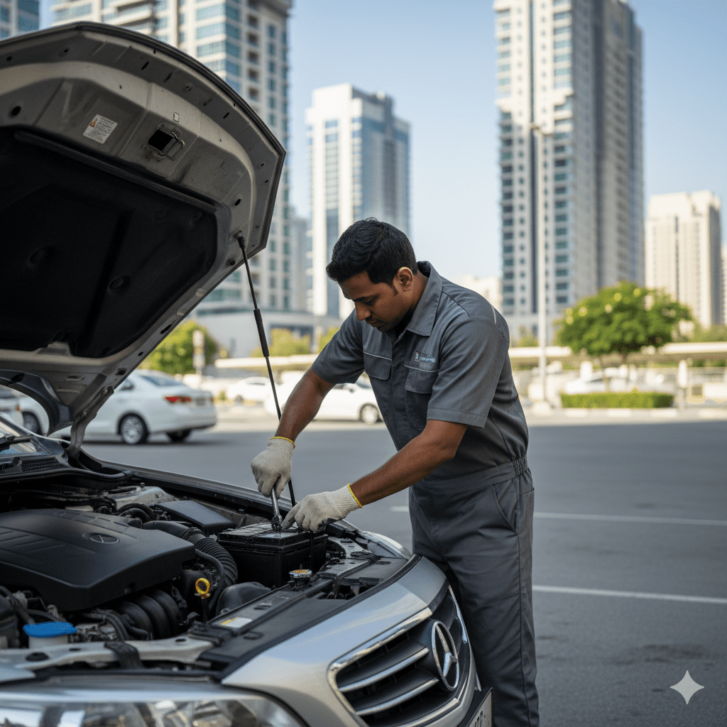 Technician performing car battery replacement in Sports City