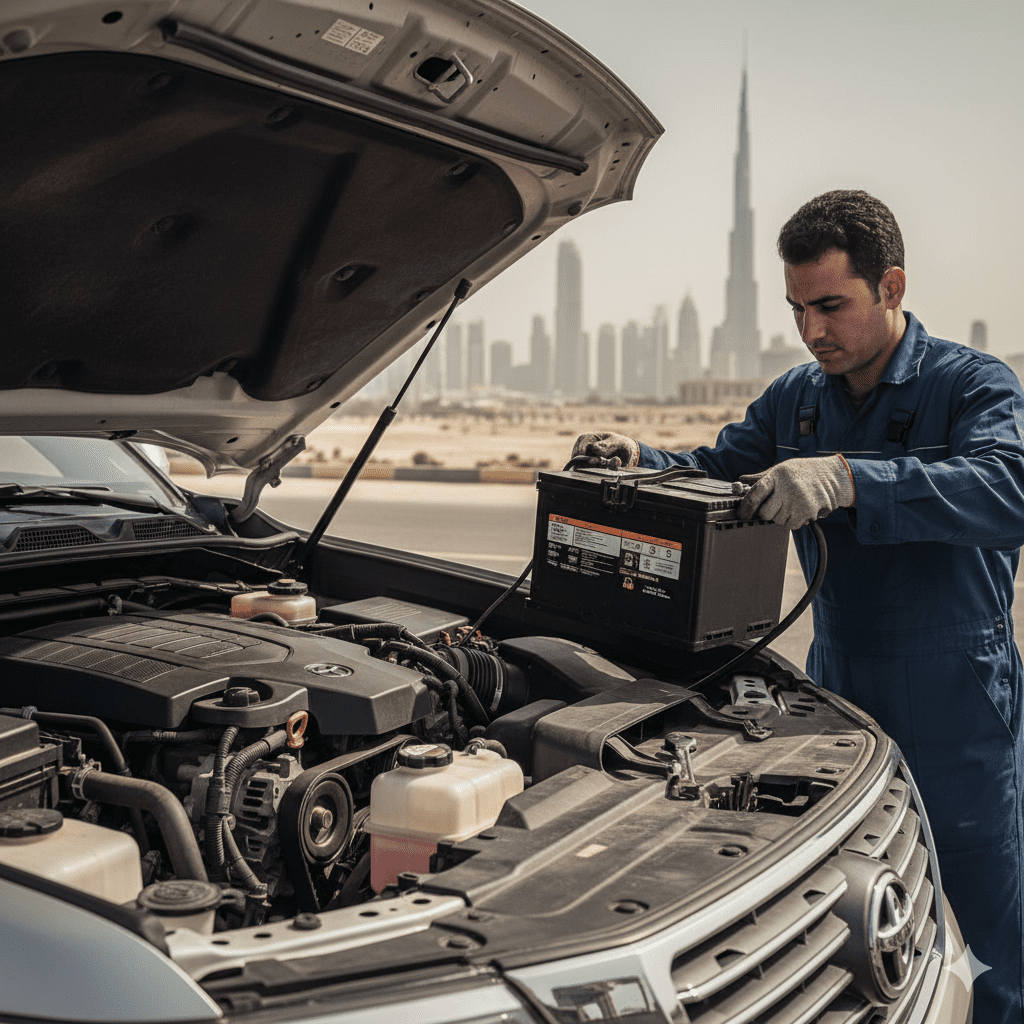 Technician replacing a car battery under the hood.