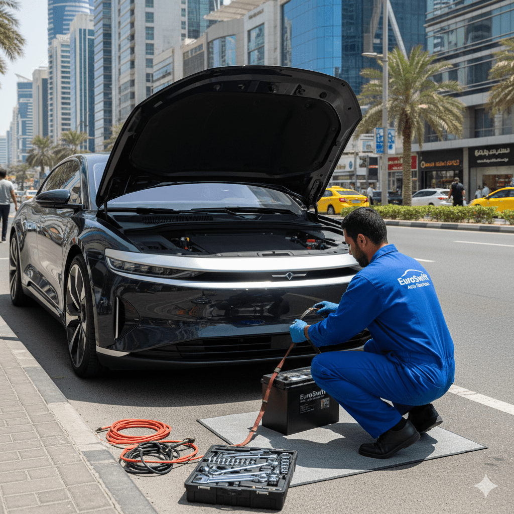Technician performing car battery replacement in Al Mankhool Dubai with EuroSwift Auto Services van nearby