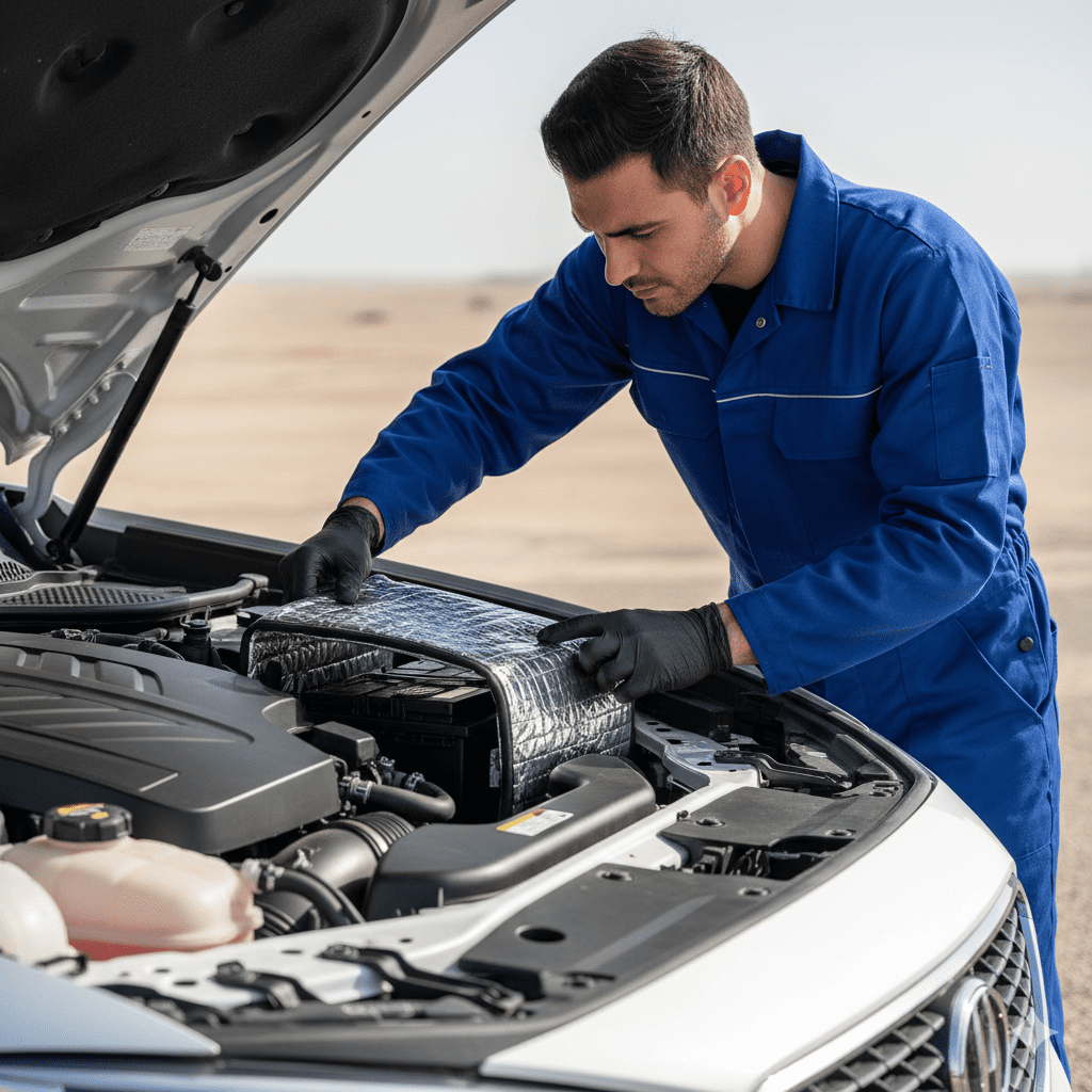 Mechanic testing car battery for seasonal performance changes