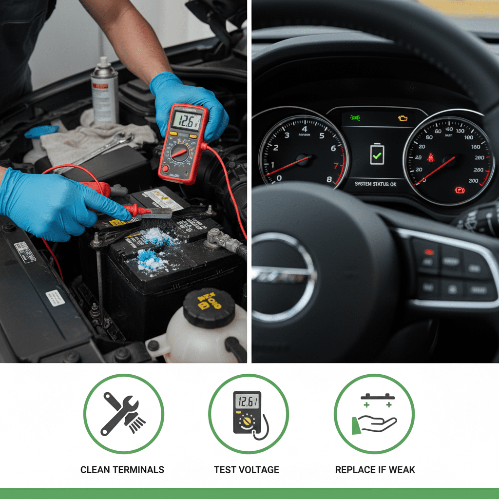 Car Battery Maintenance and Performance Tips Technician maintaining a car battery with dashboard indicators of battery health