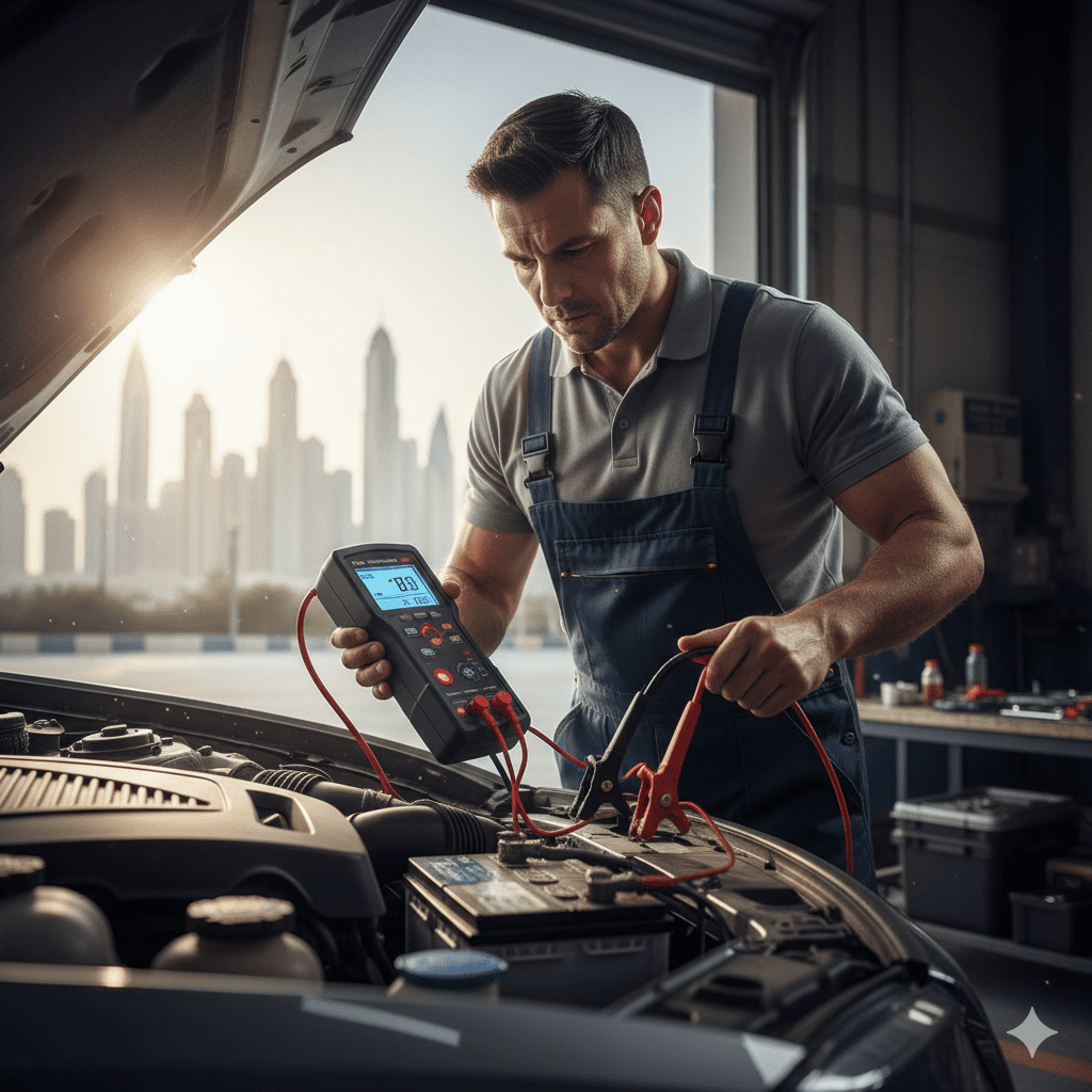Mechanic performing battery load test in extreme Dubai heat