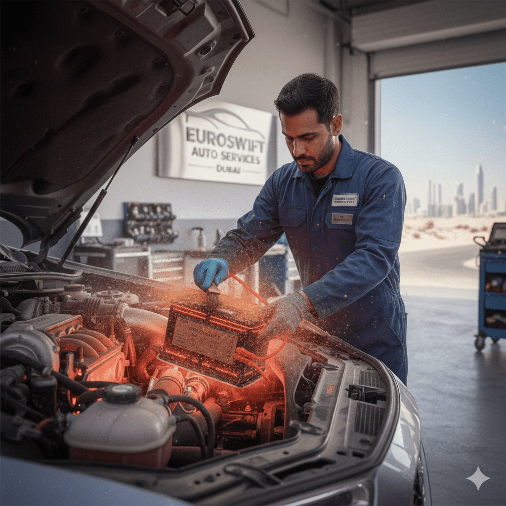 Terminal cleaning after sandstorm dust accumulation. Mechanic cleaning dusty battery terminals