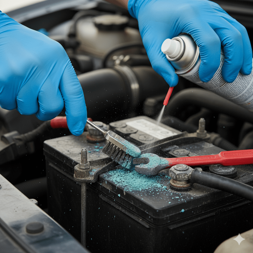 Technician cleaning and inspecting car battery terminals for corrosion