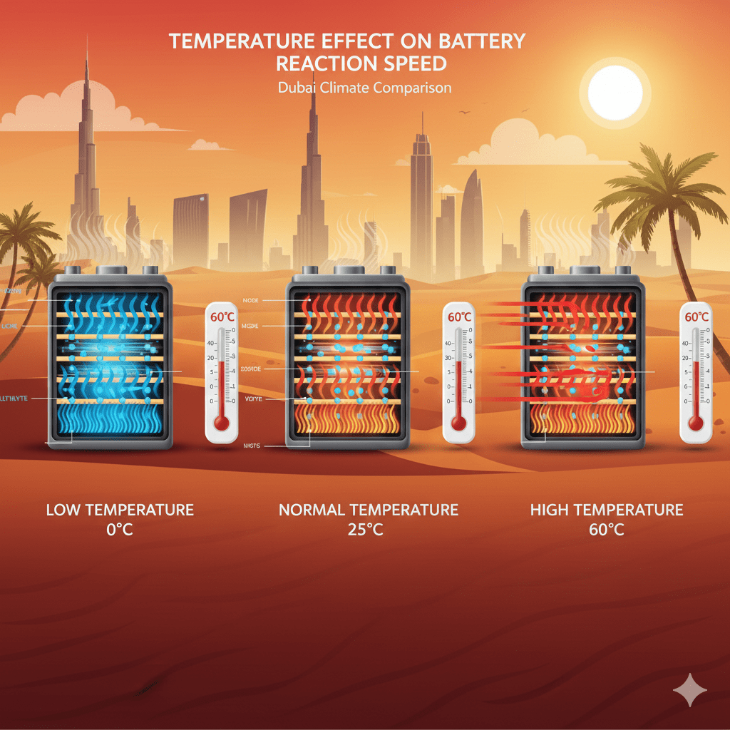 Battery reaction speed at different temperatures infographic.