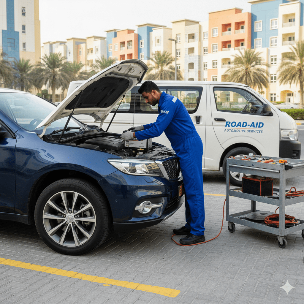 Car battery replacement service in The Gardens Dubai.