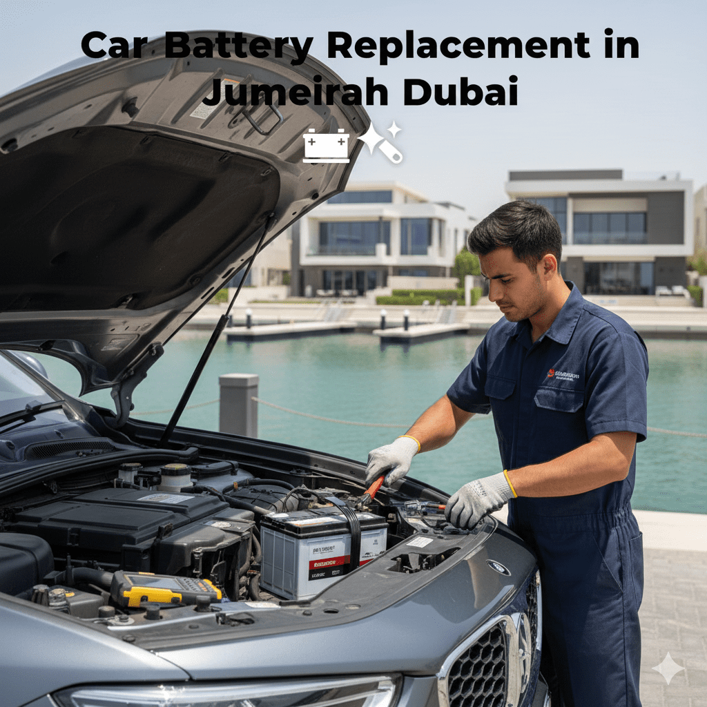 Technician performing professional car battery replacement in Jumeirah Dubai with luxury villas in the background.