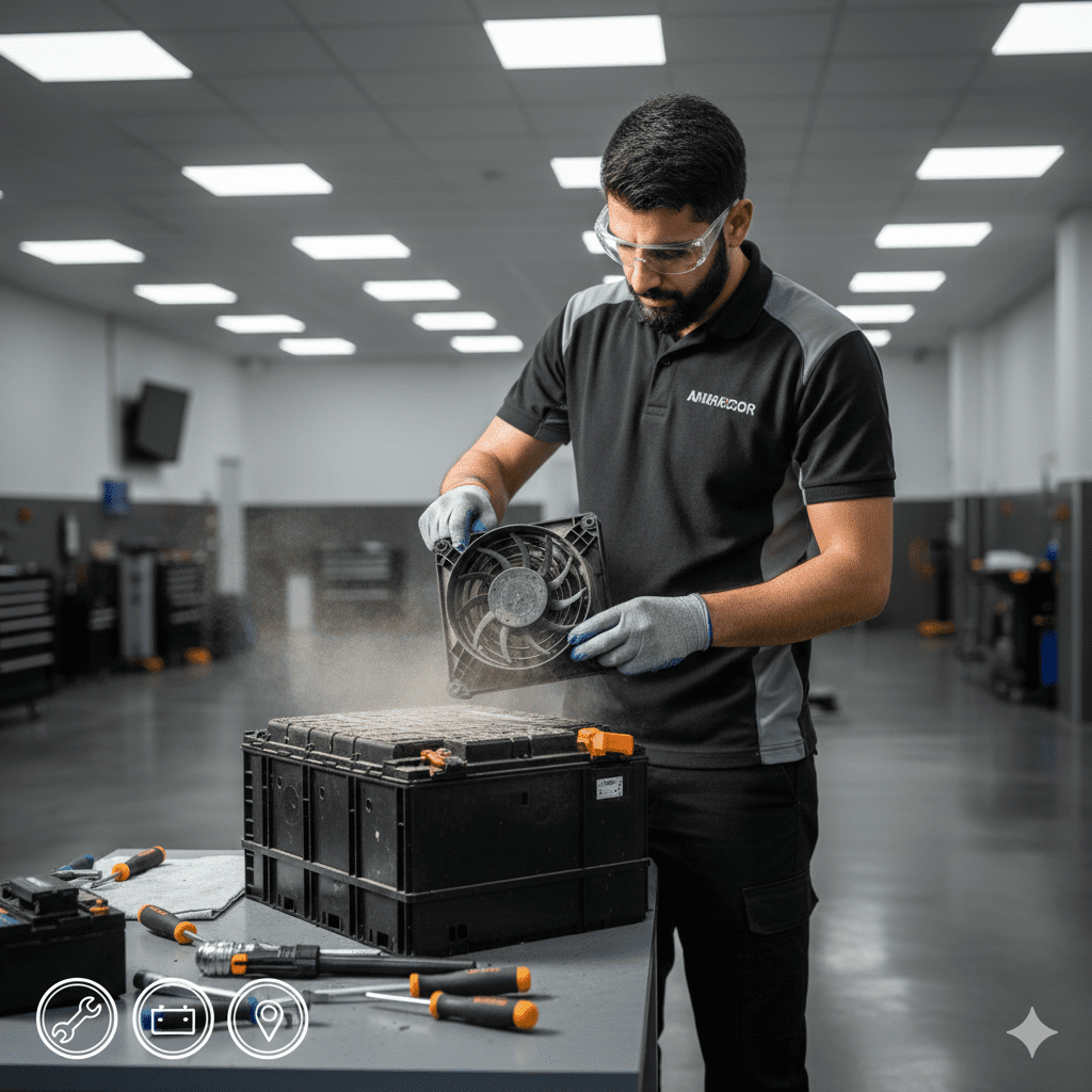 Technician inspecting a hybrid battery cooling fan affected by Dubai heat and dust. Hybrid battery cooling fan working under Dubai heat
