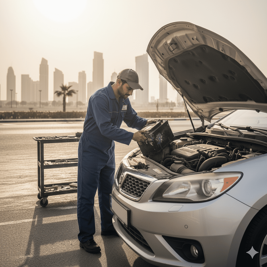 Aging car battery replacement in Dubai