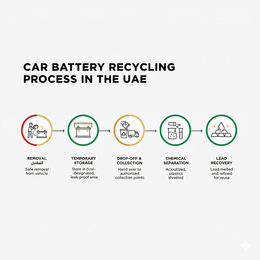 Visual infographic explaining battery recycling lifecycle. Infographic of car battery recycling steps UAE