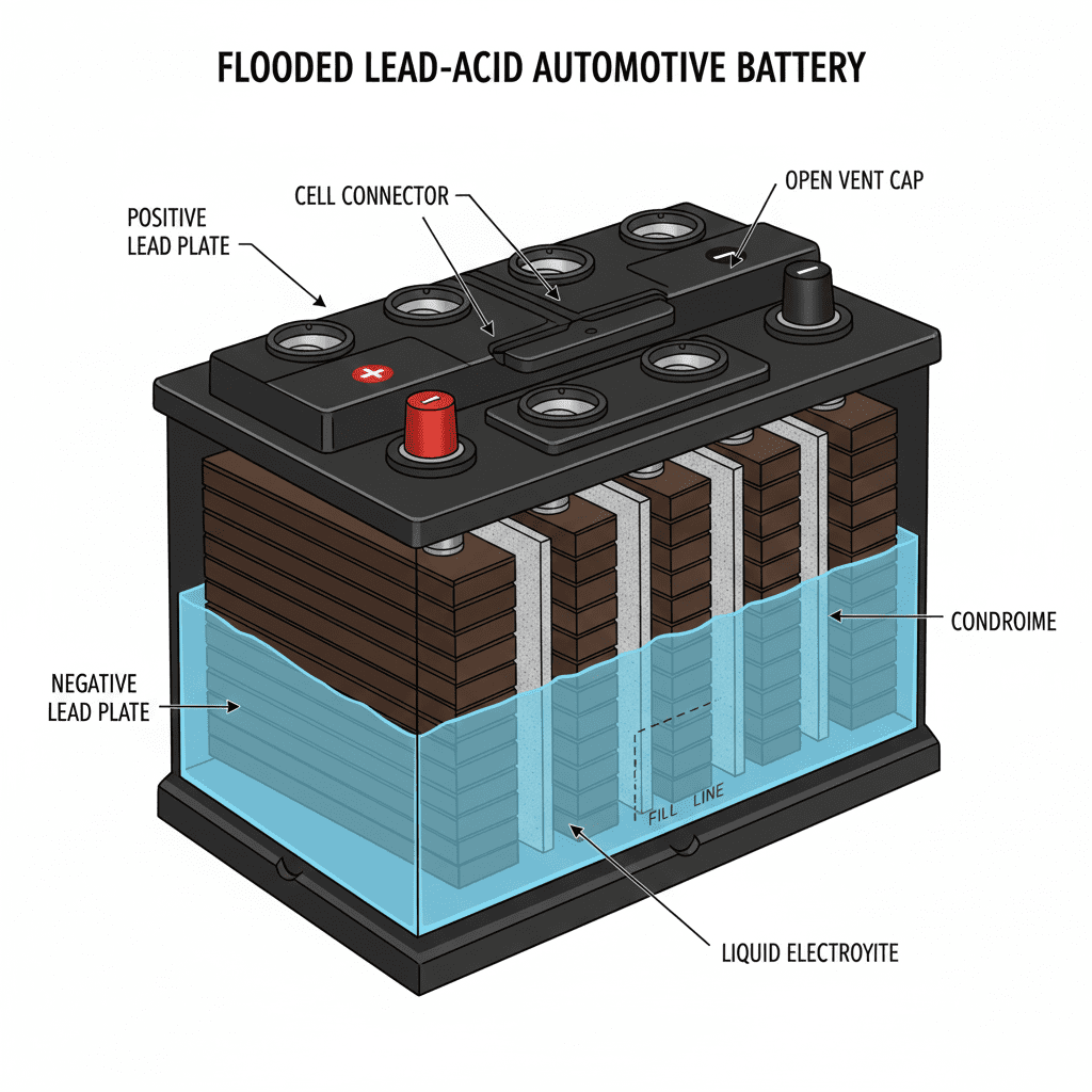 Traditional flooded battery construction diagram