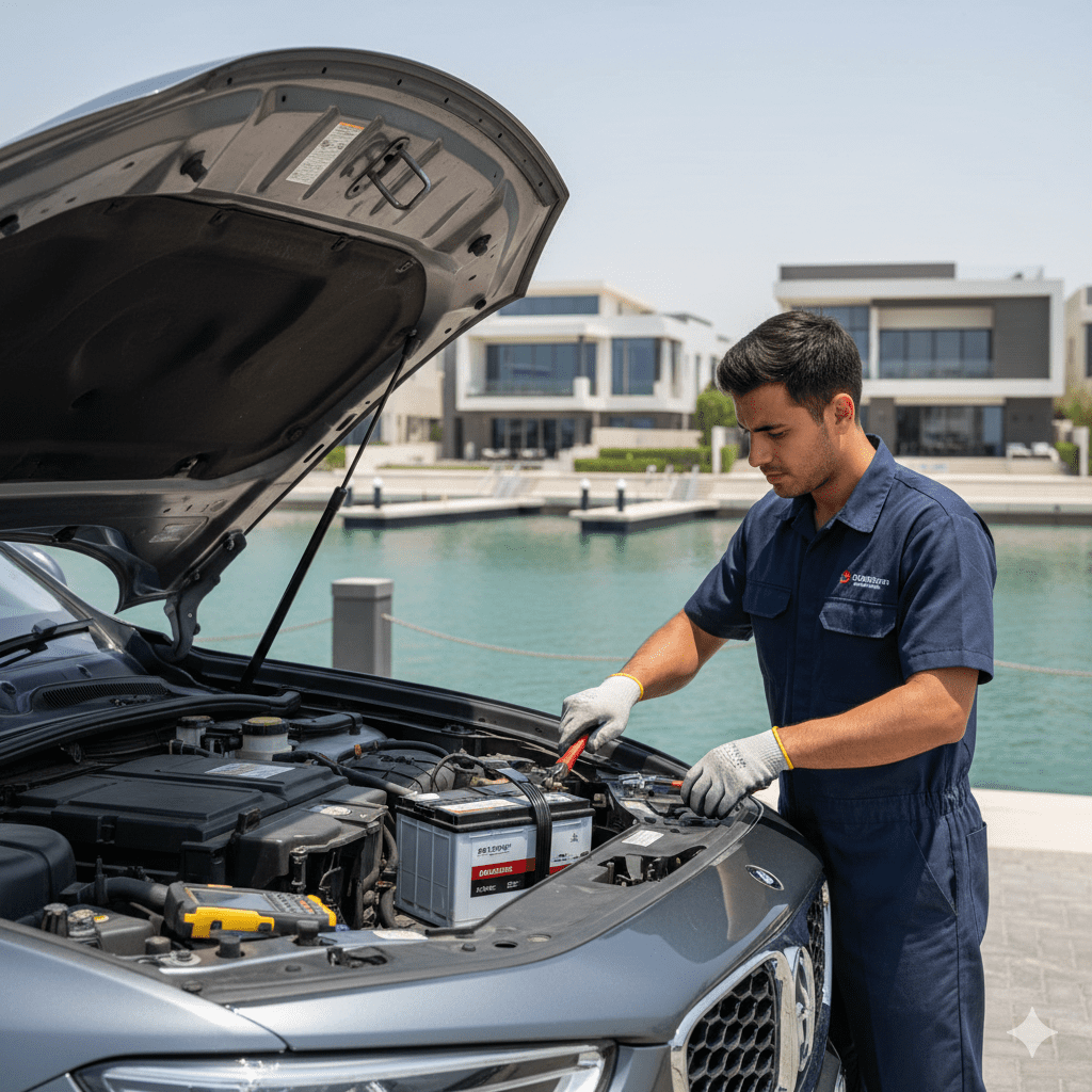 Technician performing car battery replacement in Palm Jumeirah Dubai