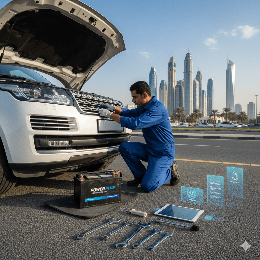 Technician performing car battery replacement in Al Wasl Dubai
