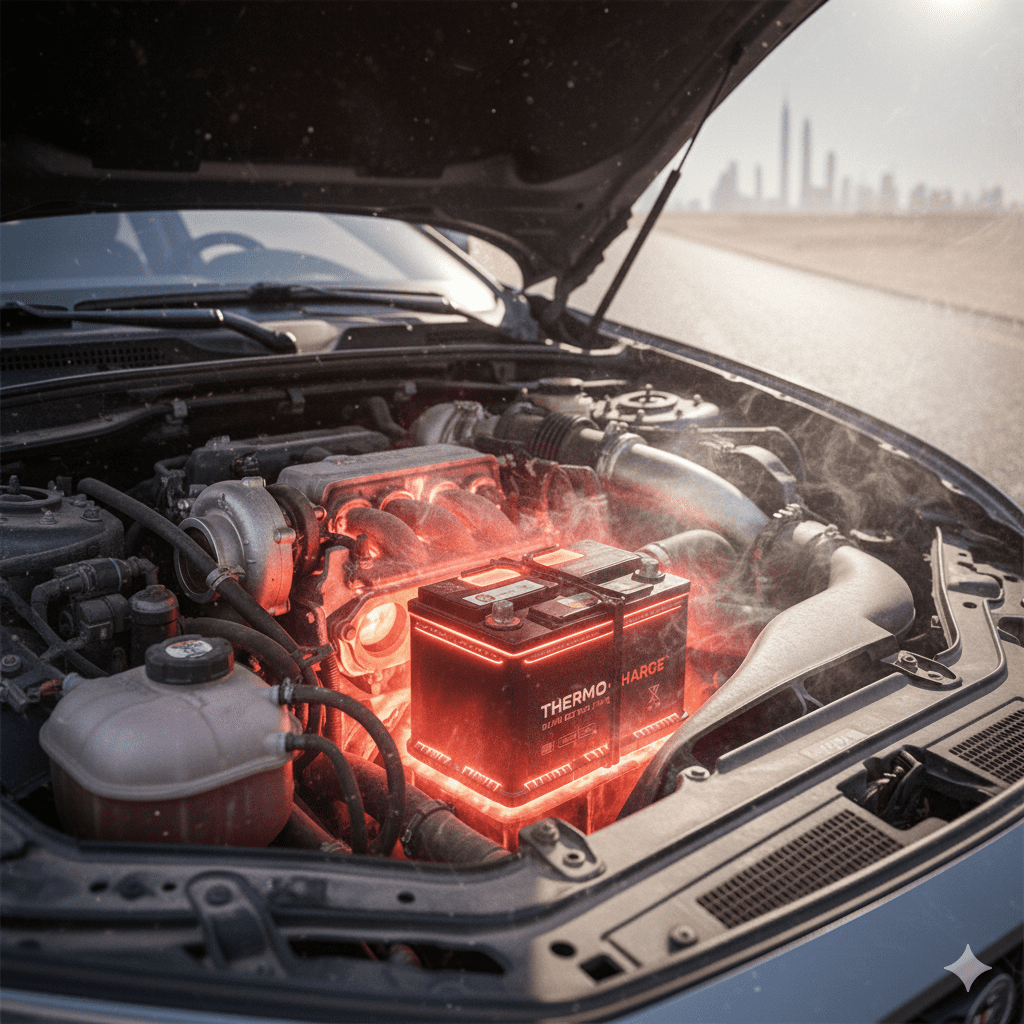 Image highlighting how Dubai’s extreme climate impacts car battery health. Car battery exposed to Dubai summer heat.