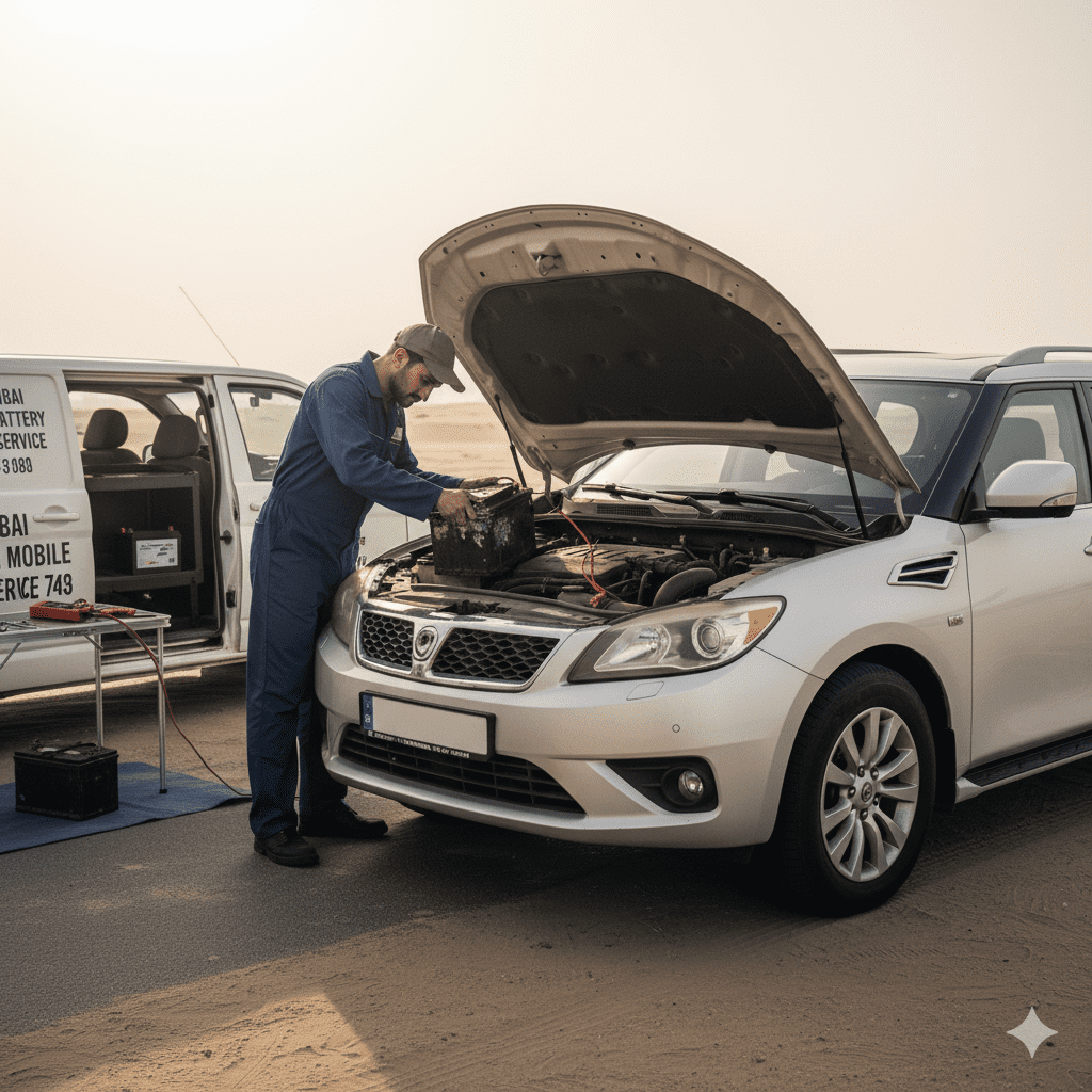 Mobile battery replacement in Dubai desert