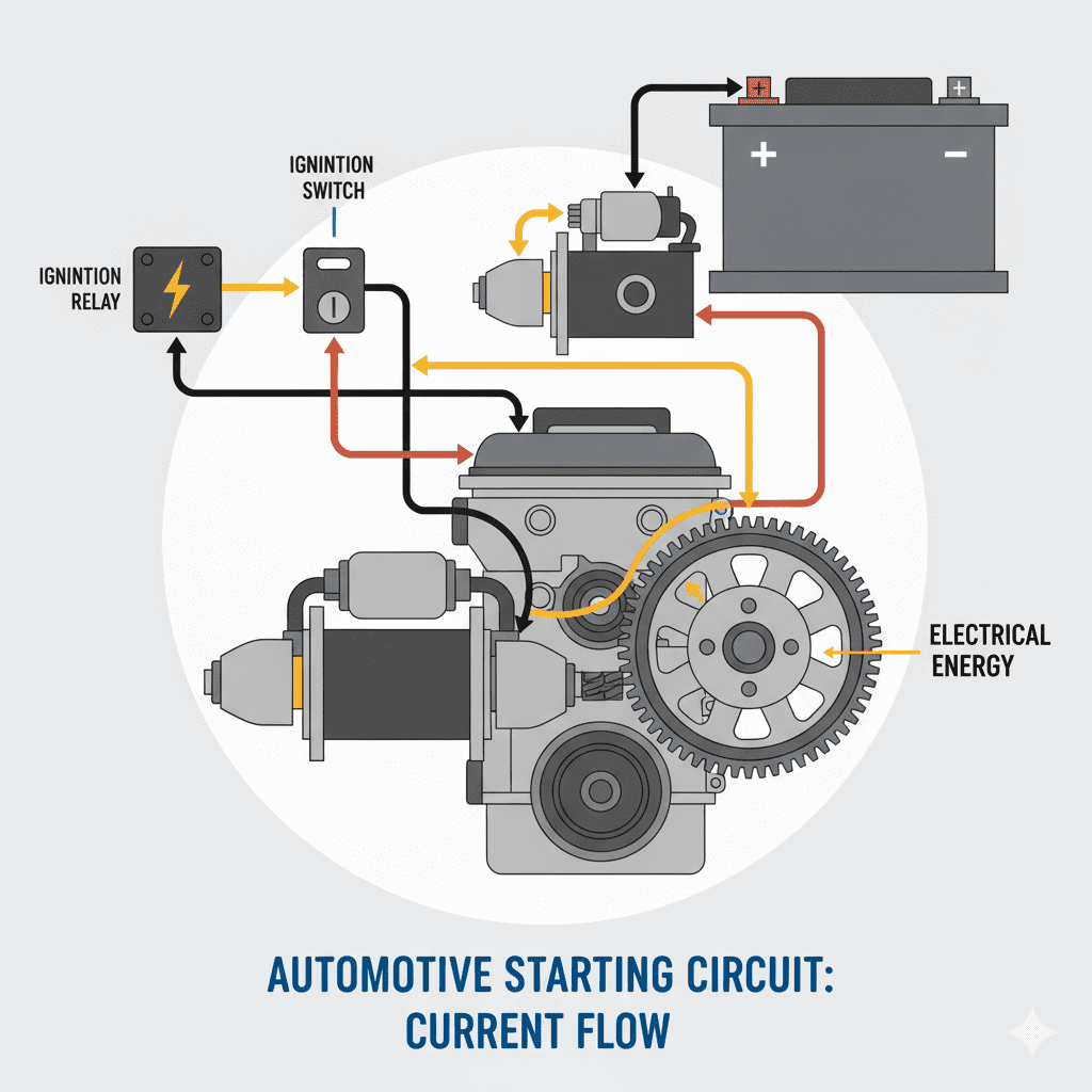 Current flow from battery to starter motor during engine start.