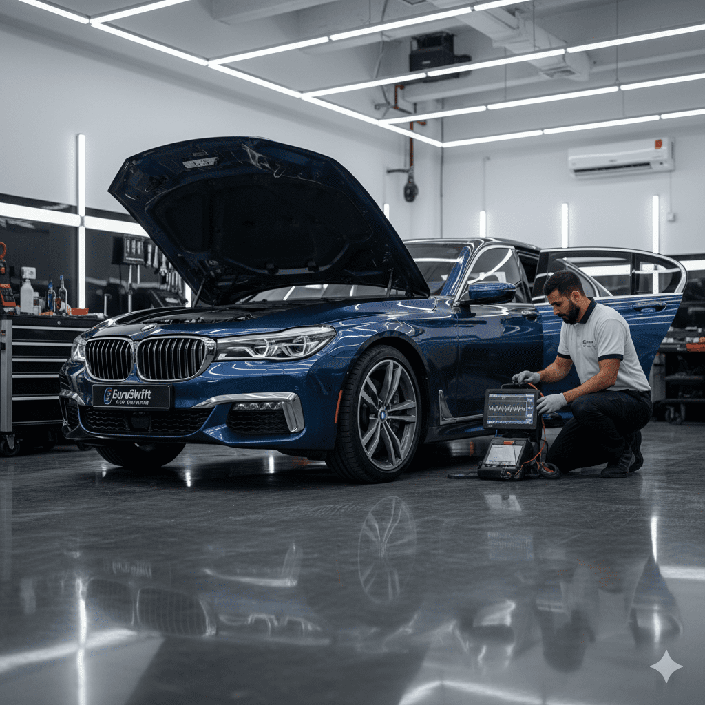 Mechanic performing BMW 7 Series car battery replacement at EuroSwift Auto Services workshop Dubai