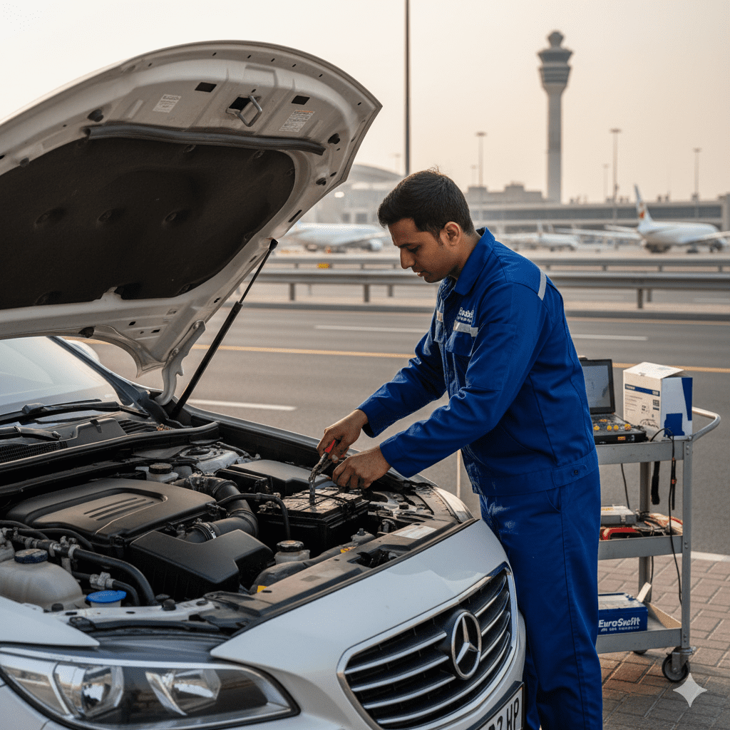 EuroSwift technician replacing car battery in Al Garhoud Dubai near airport