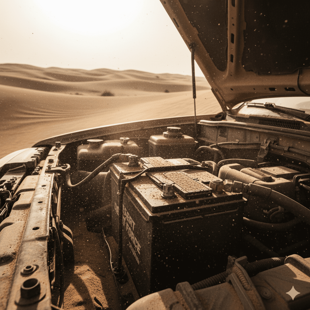 This image highlights dust intrusion and its effect on battery terminals in extreme desert conditions. Dust-covered battery terminals after desert driving
