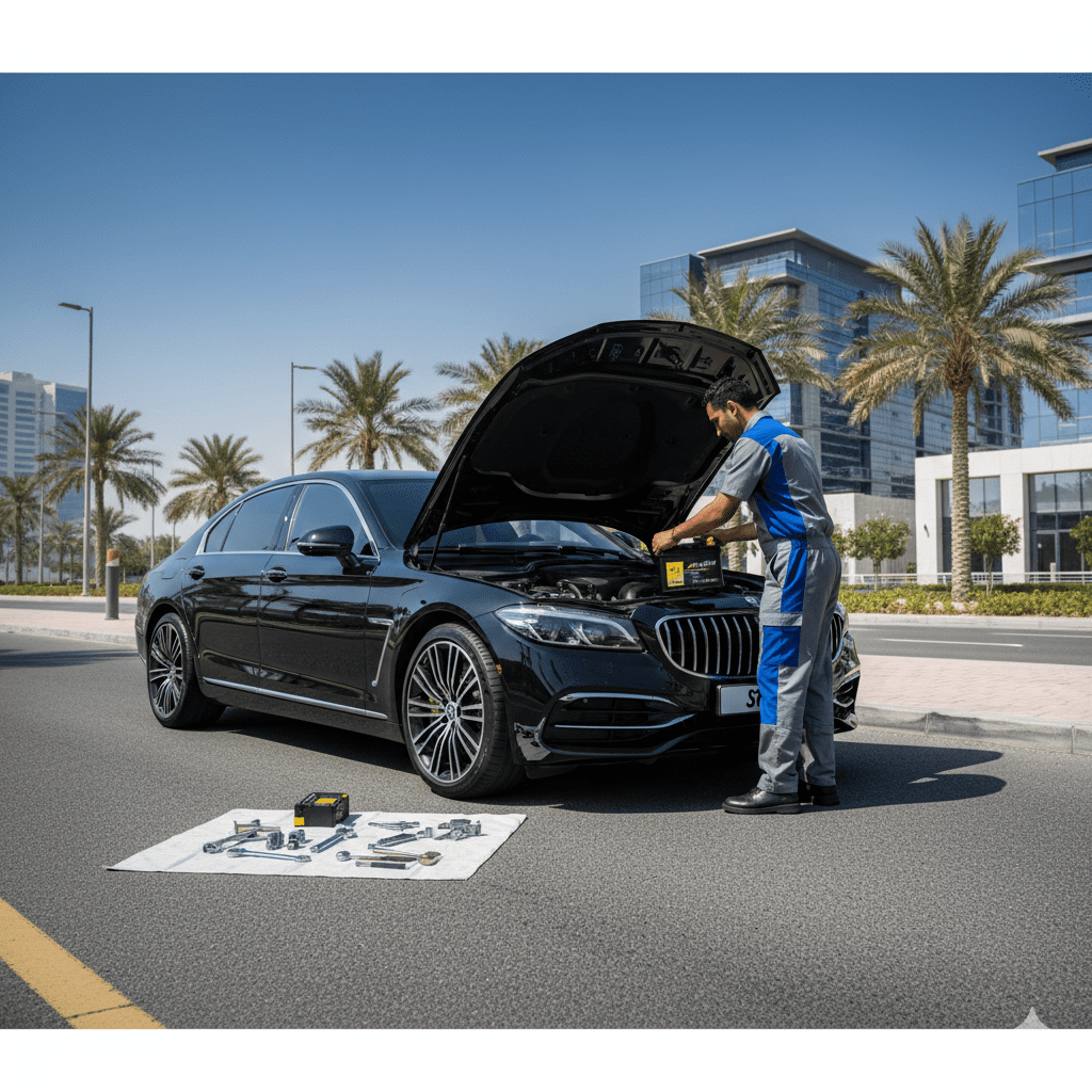 Car battery replacement service in Jumeirah Bay Island by EuroSwift Auto Services.