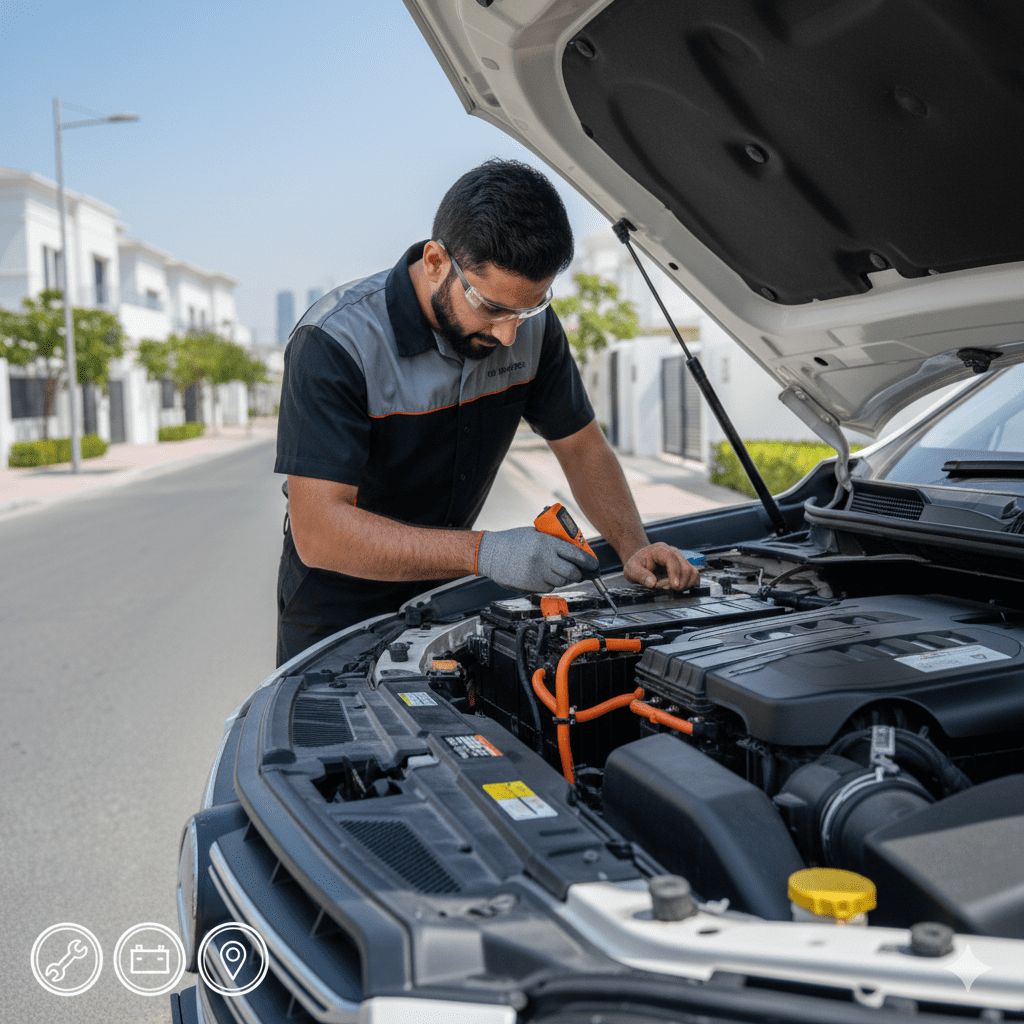 Preventing Battery Thermal Runaway in Dubai Technician checking EV battery cooling system under summer heat in Dubai.