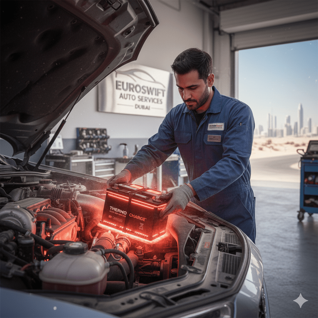 EuroSwift Auto Services recommends heat-tolerant batteries for longer life in Dubai. EuroSwift technician installing a heat-resistant car battery.