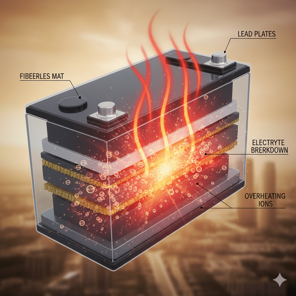 Technical diagram showing chemical breakdown inside a hot EV 12V battery.