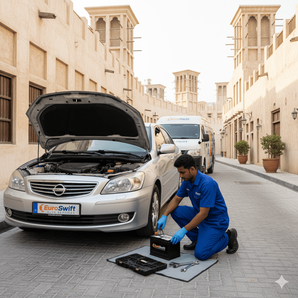 EuroSwift Auto Services technician replacing a car battery near Al Fahidi Historical District in Dubai