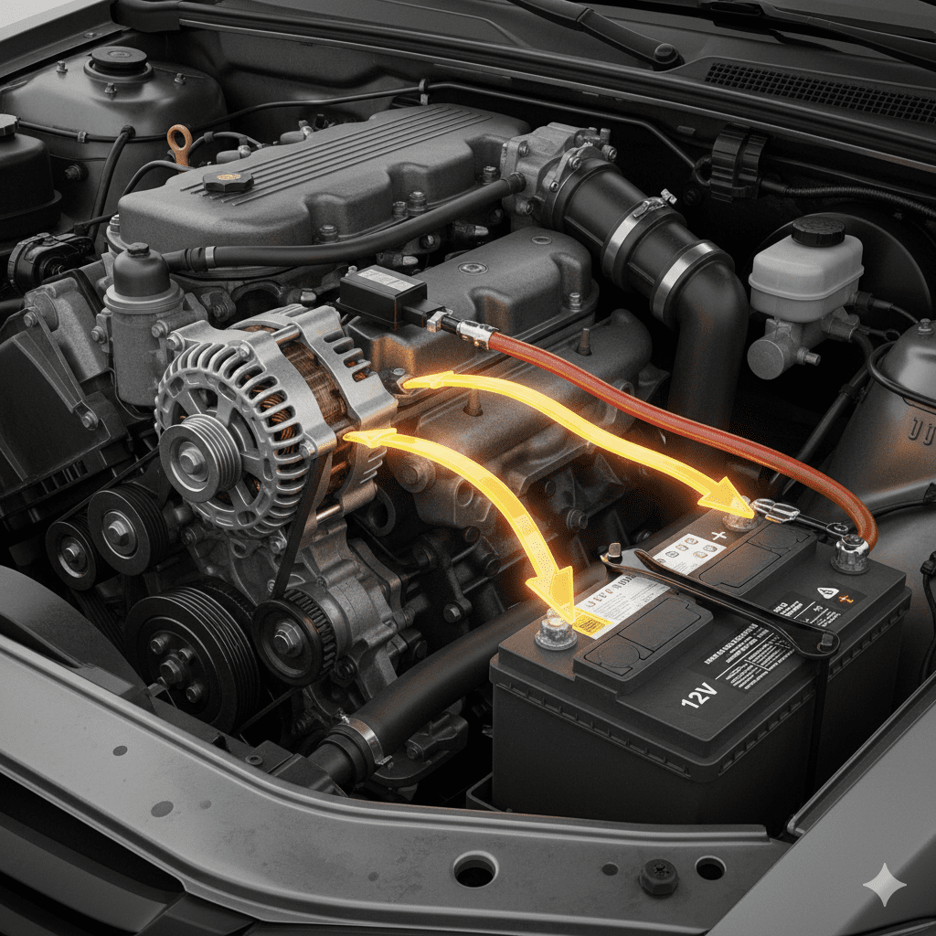 Alternator charging a 12V car battery.