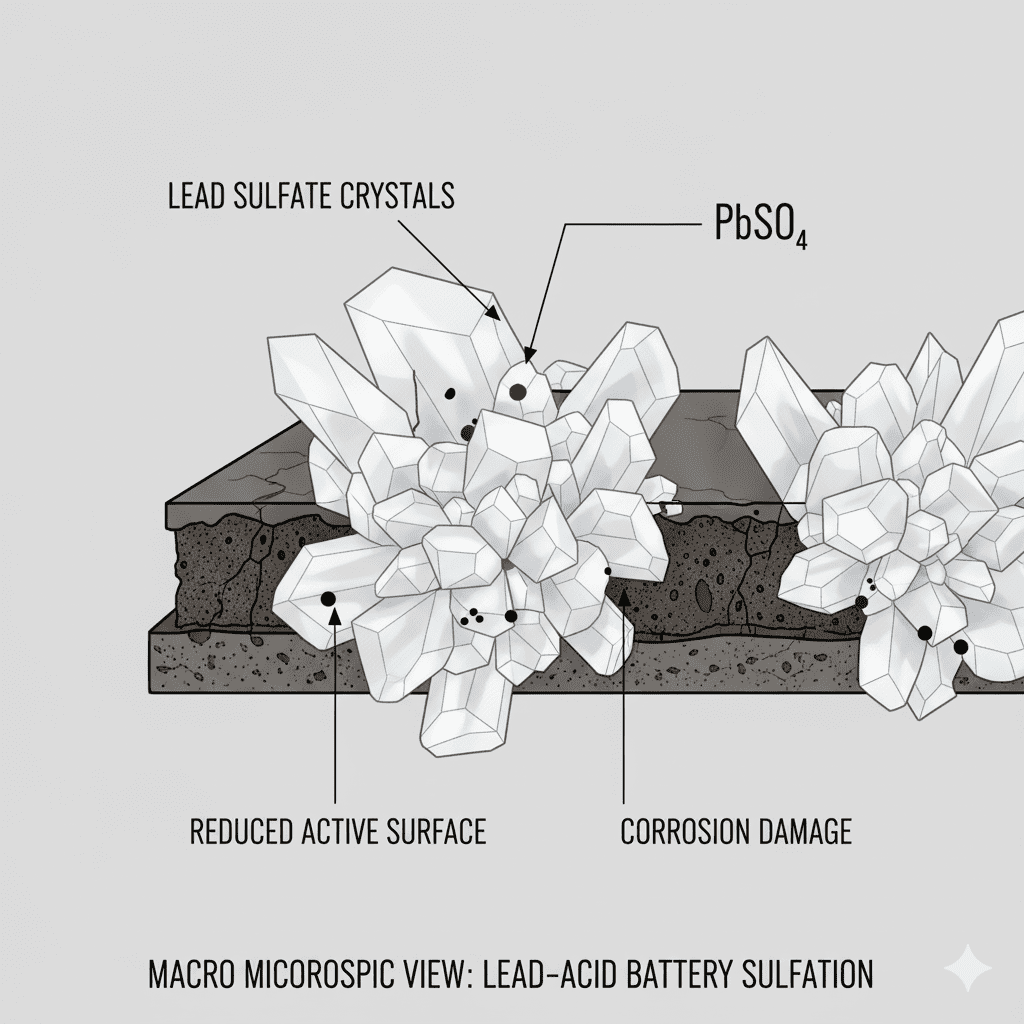 Battery Plate Sulfation Reaction Damage Microscopic sulfation build-up on battery plates.